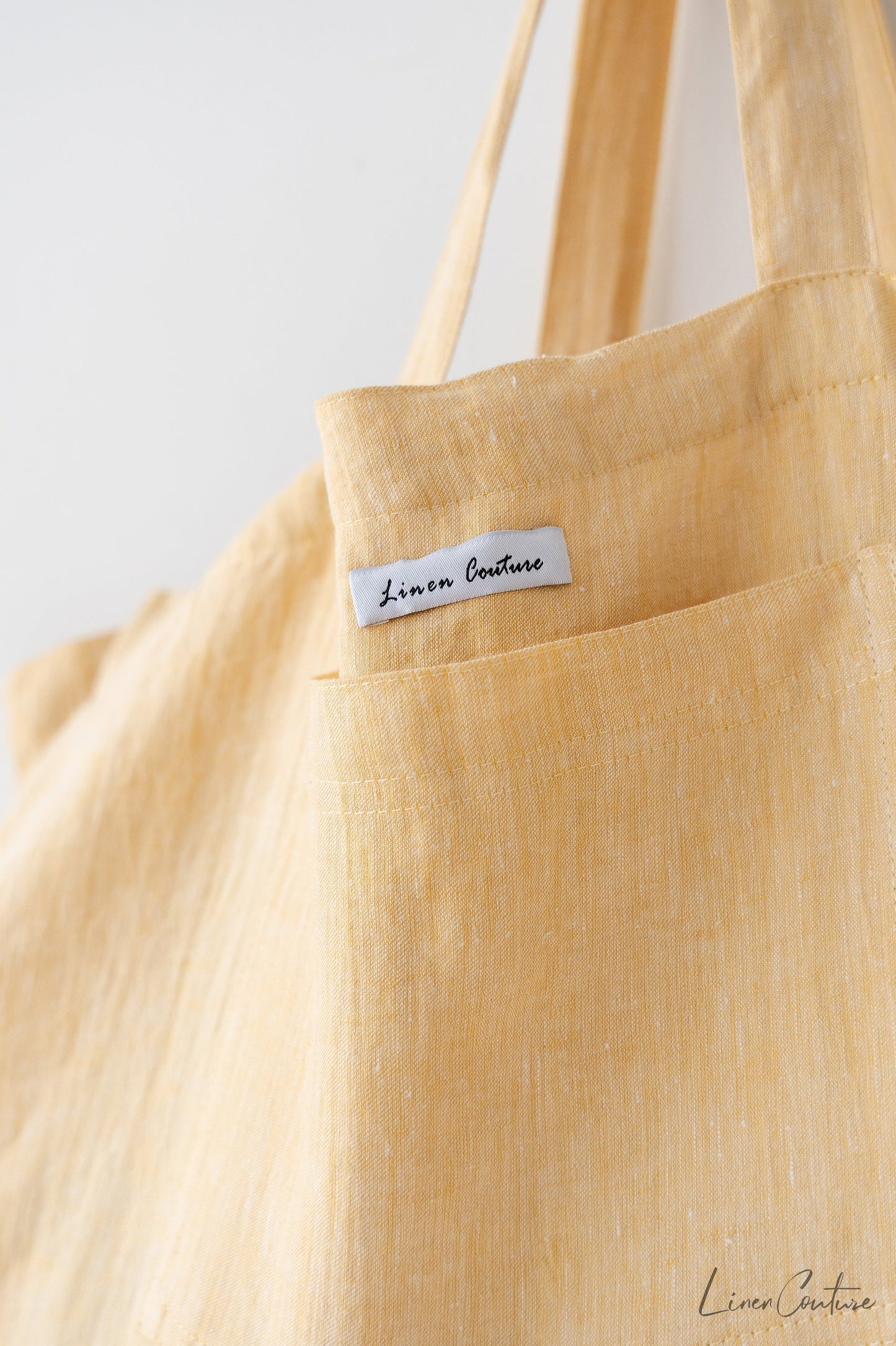 Linen beach bag with pocket and zipper in Canary Yellow