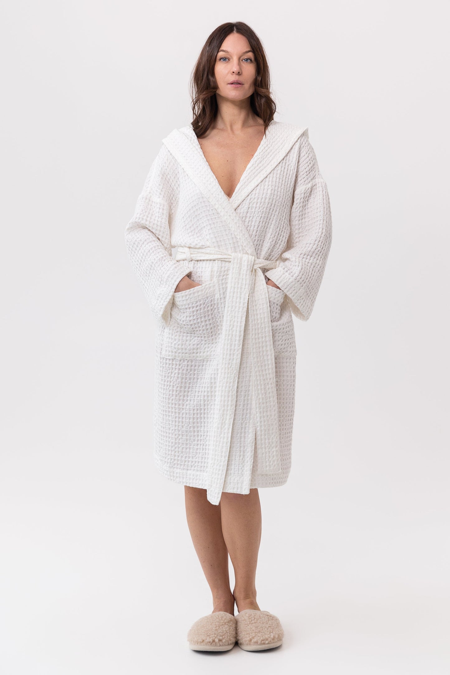 White linen waffle robe with hoodie