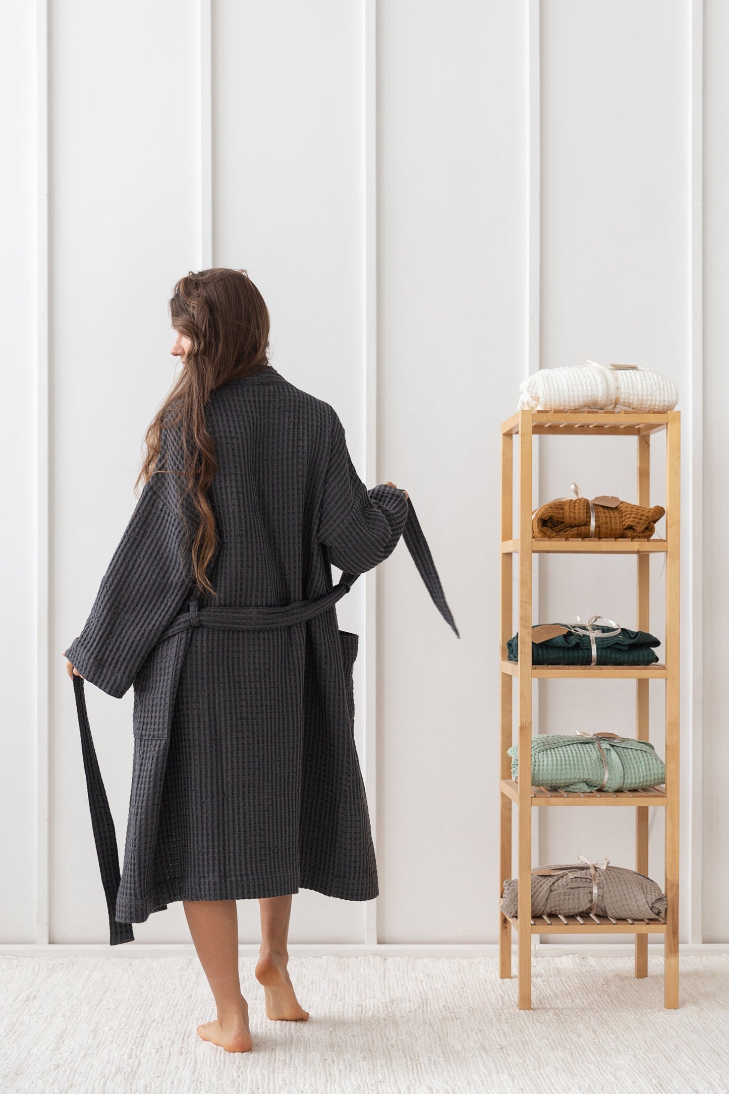 Grey linen waffle robe