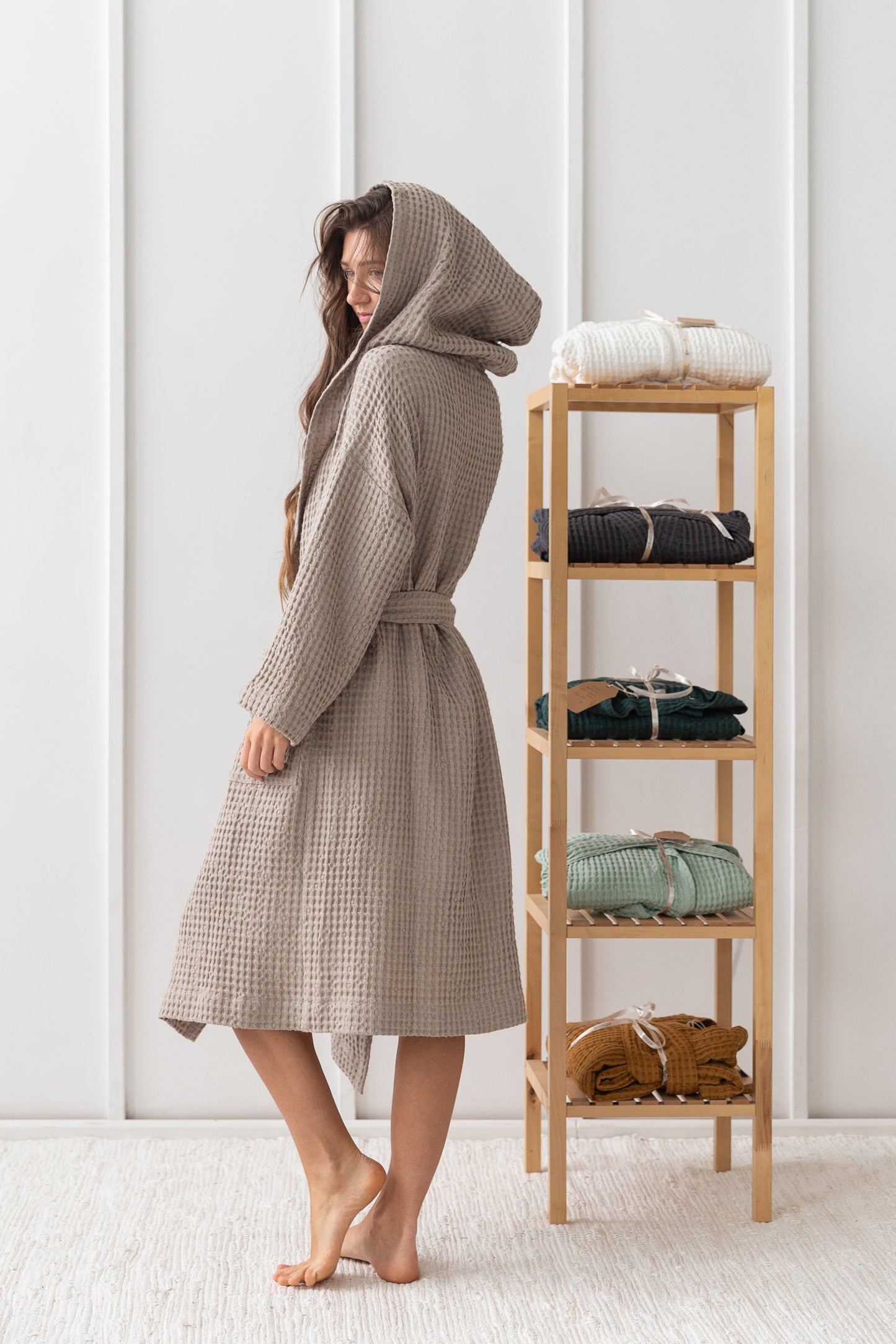 Natural linen waffle robe with hoodie