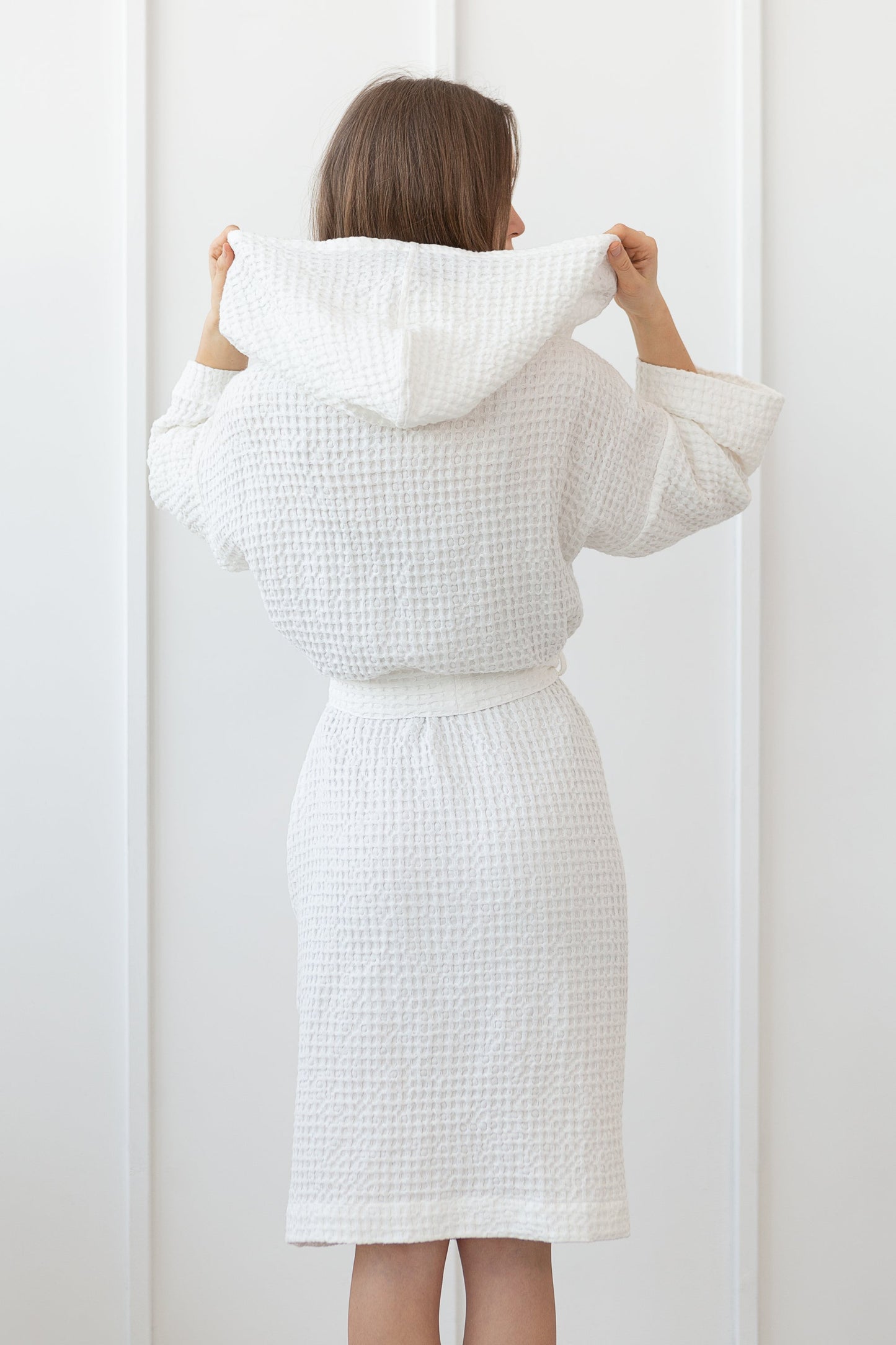 White linen waffle robe with hoodie