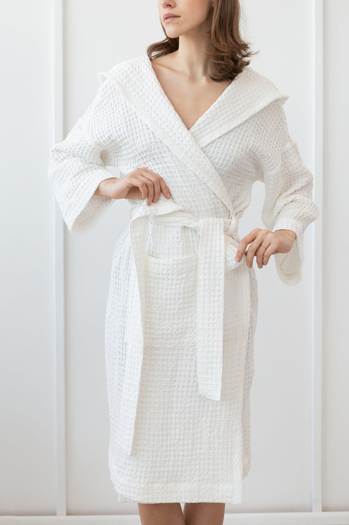 White linen waffle robe with hoodie