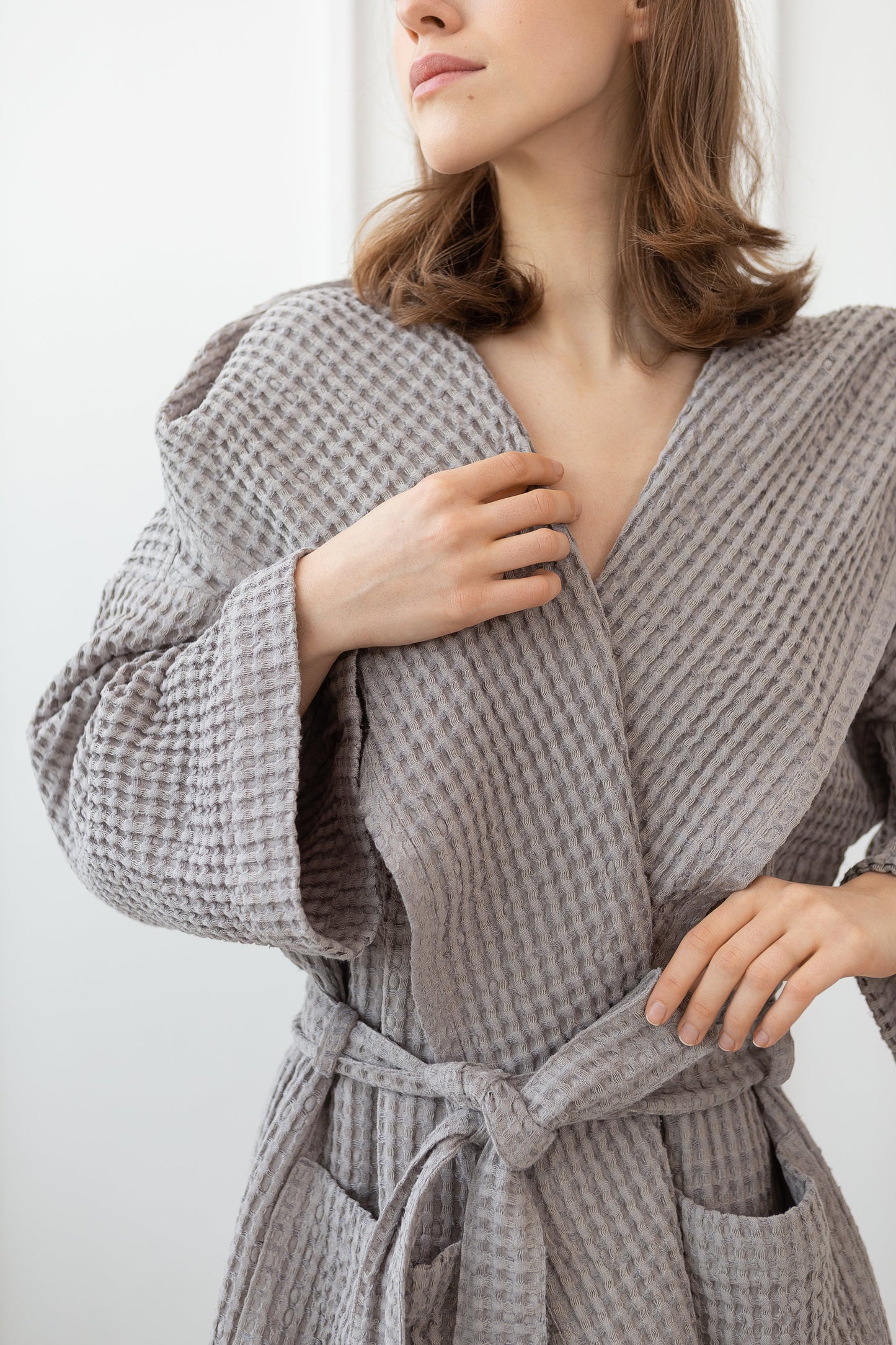 Light grey linen waffle robe with hoodie