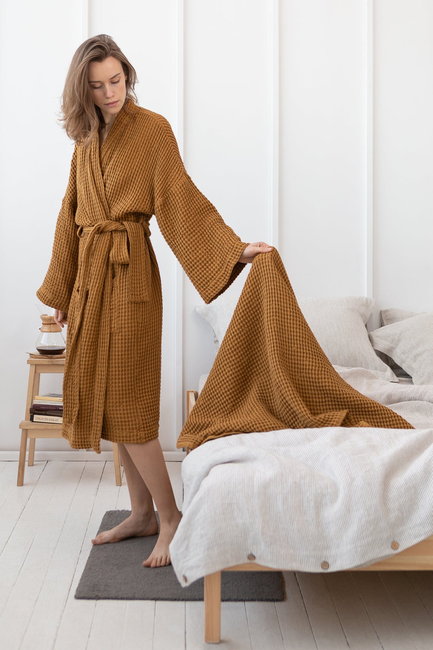 Amber linen waffle robe