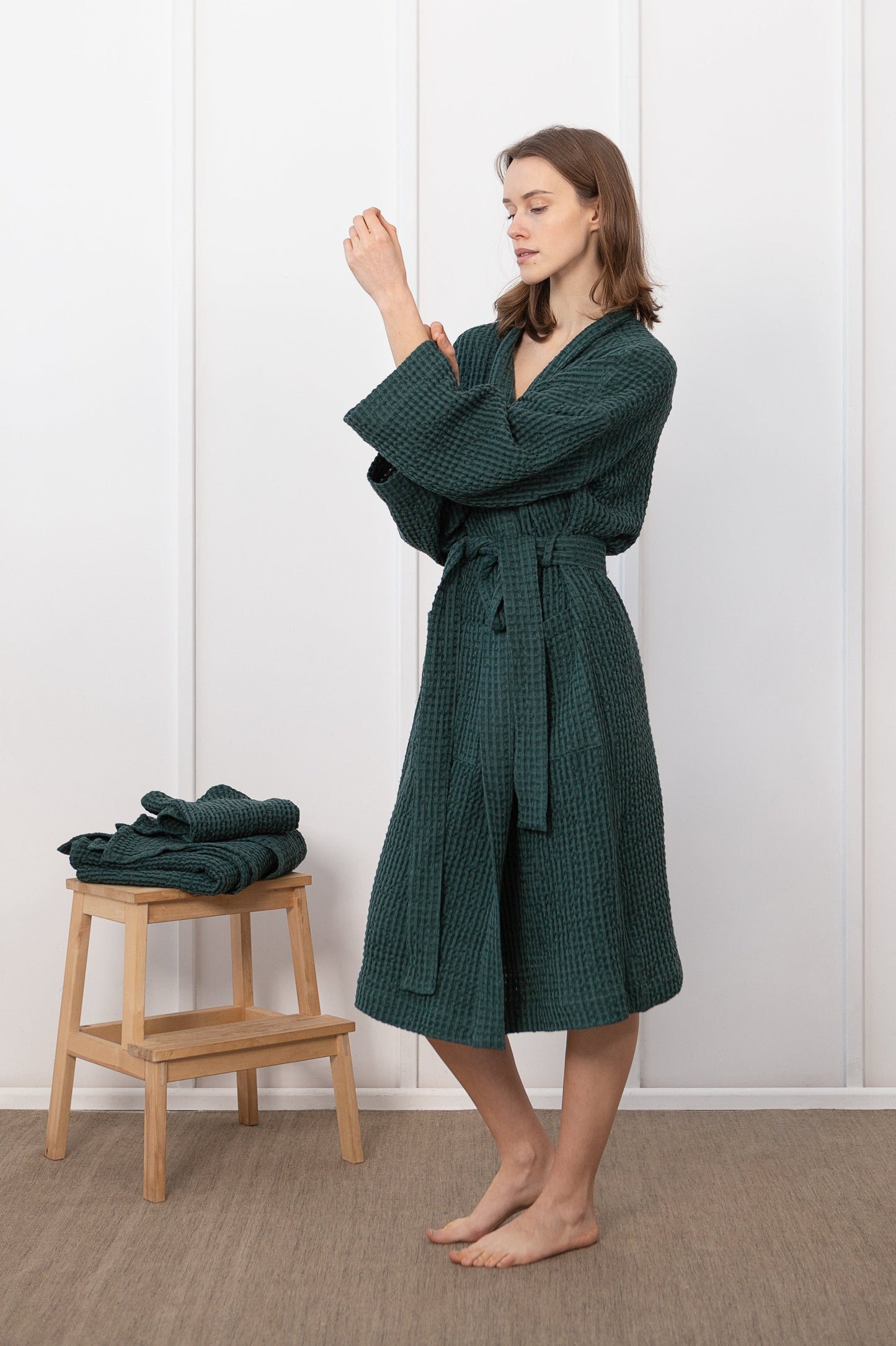 Greyish Green linen waffle robe for men