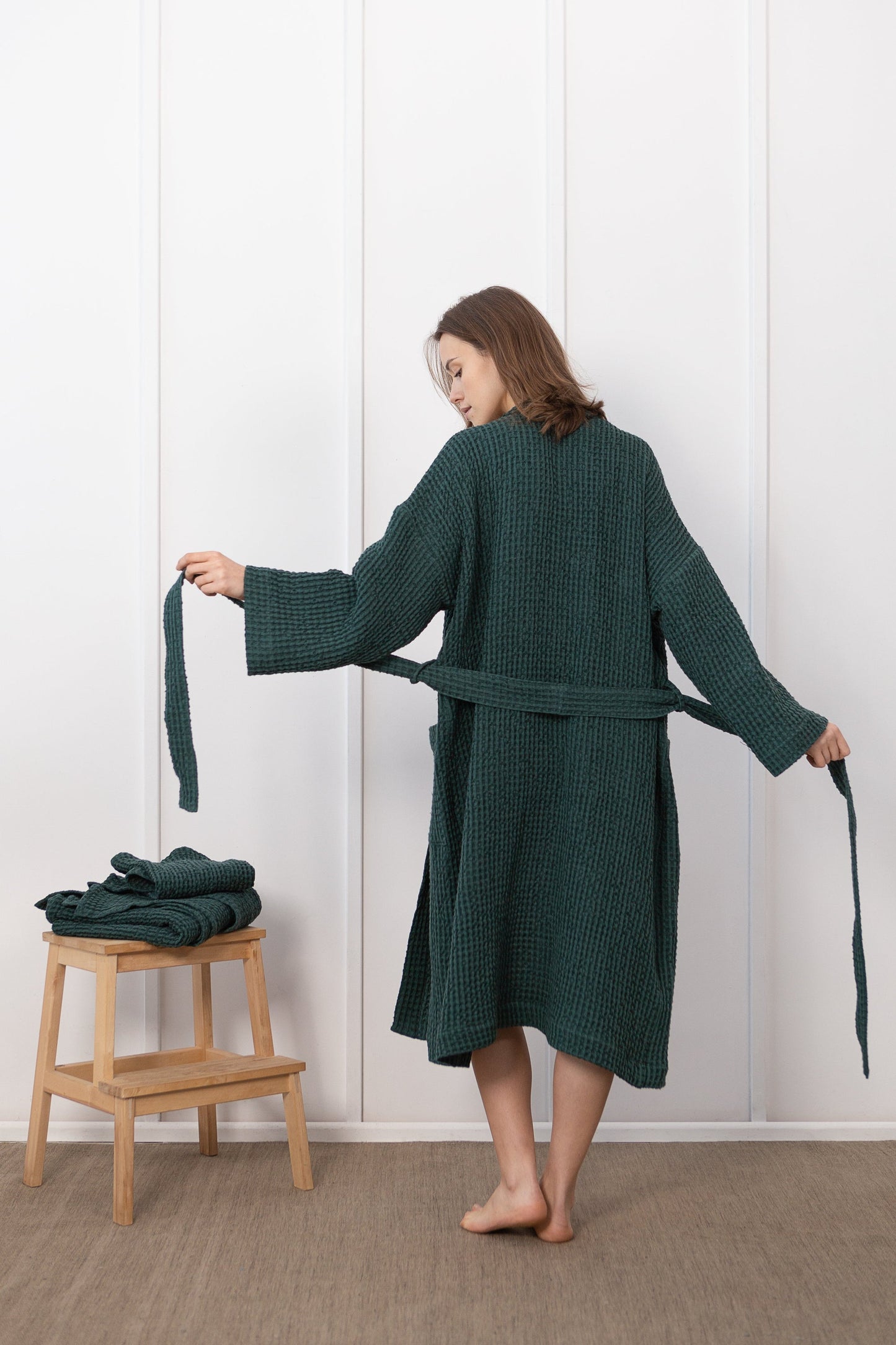 Greyish Green linen waffle robe for men