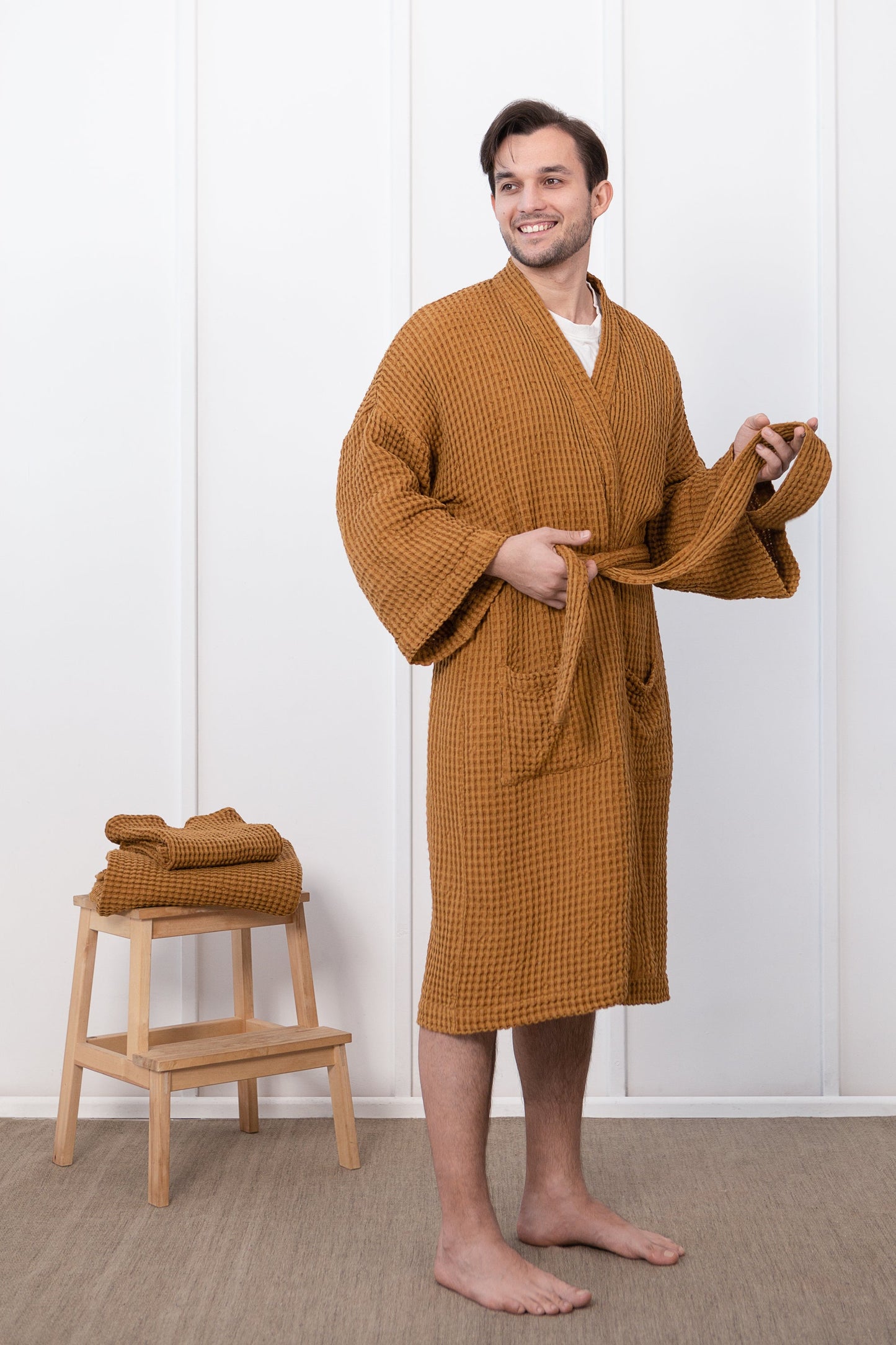 Grey linen waffle robe