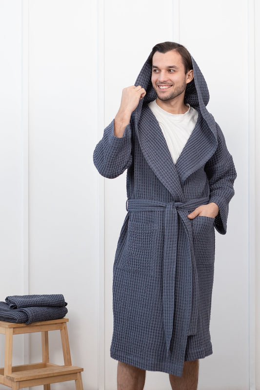 Asphalt Grey linen waffle robe with hoodie for men