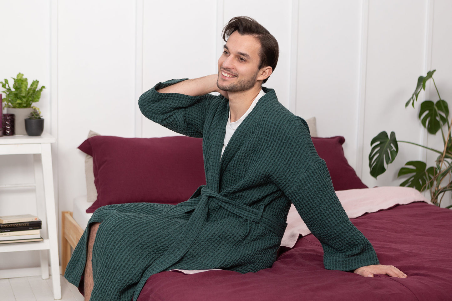 Greyish Green linen waffle robe