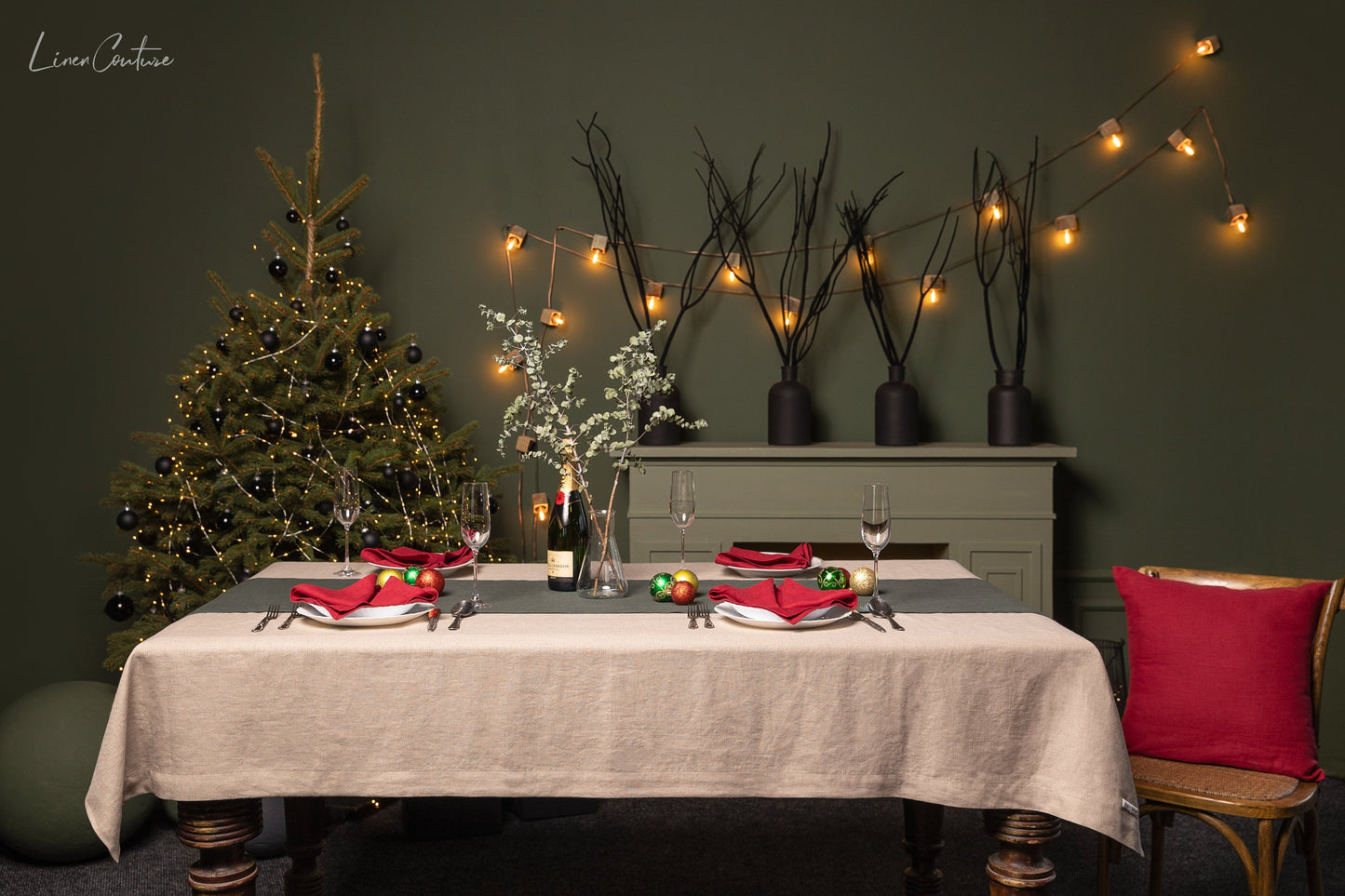 Handmade Pear Linen Christmas Tablecloth for Dining Tables