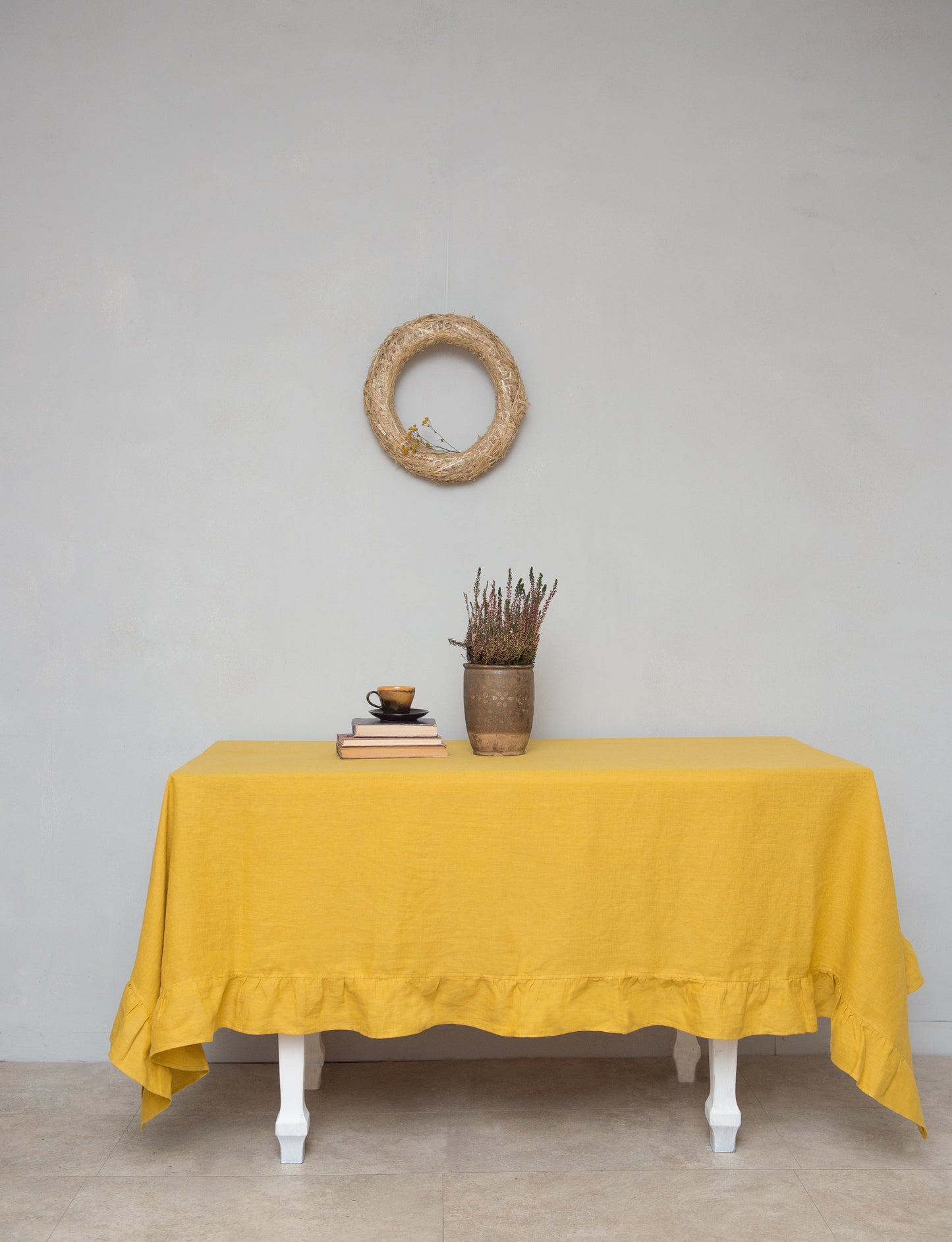 Honey  linen tablecloth with ruffles