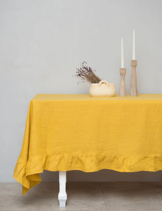 Honey  linen tablecloth with ruffles